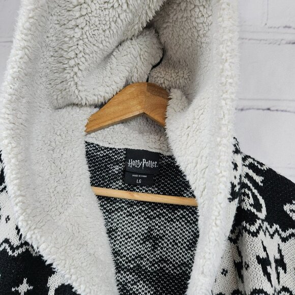 Harry Potter Hooded Sherpa Trim Knit Open Cardigan Sweater Womens L Duster Long - Picture 8 of 15